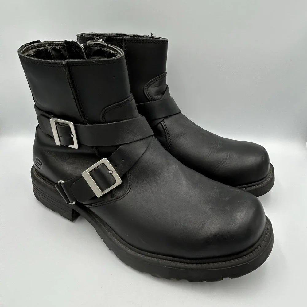 Skechers‎ Boots Mens 10.5 Cinder Twist Harness Vtg Black Leather Motorcycle Y2K